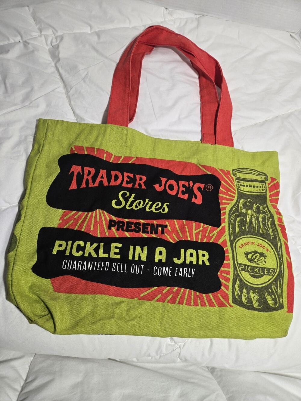 Trader Joes Pickle In a Jar Tote Bag USA Made Canvas Cotton Retired Discontinue